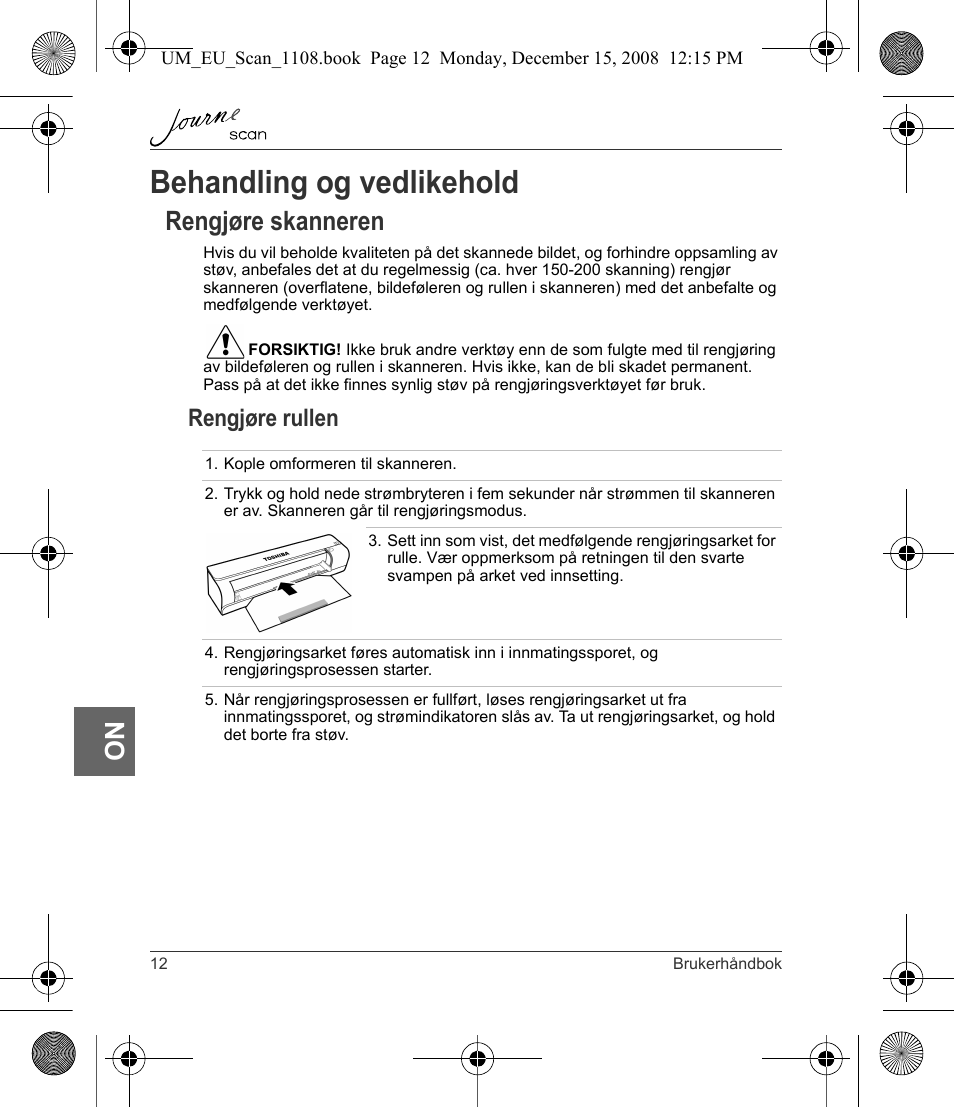 Behandling og vedlikehold, Rengjøre skanneren, Rengjøre rullen | Toshiba JournE Scan User Manual | Page 156 / 198