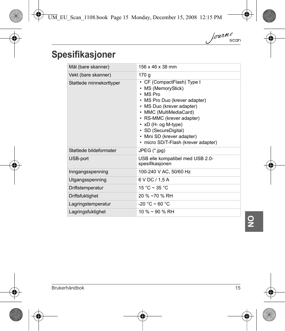 Spesifikasjoner | Toshiba JournE Scan User Manual | Page 159 / 198
