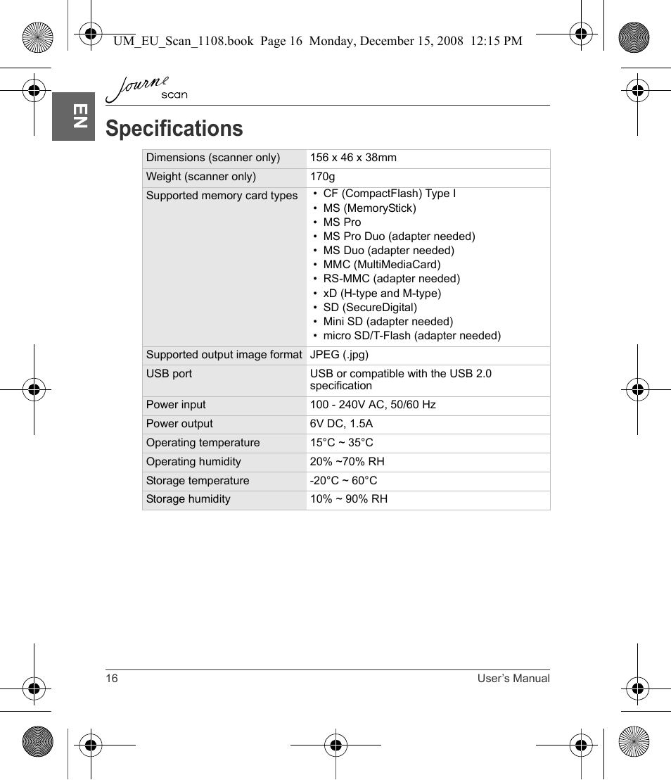 Specifications | Toshiba JournE Scan User Manual | Page 16 / 198