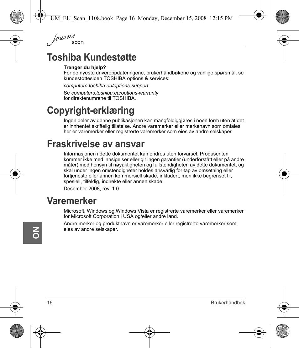 Toshiba kundestøtte, Copyright-erklæring, Fraskrivelse av ansvar | Varemerker | Toshiba JournE Scan User Manual | Page 160 / 198