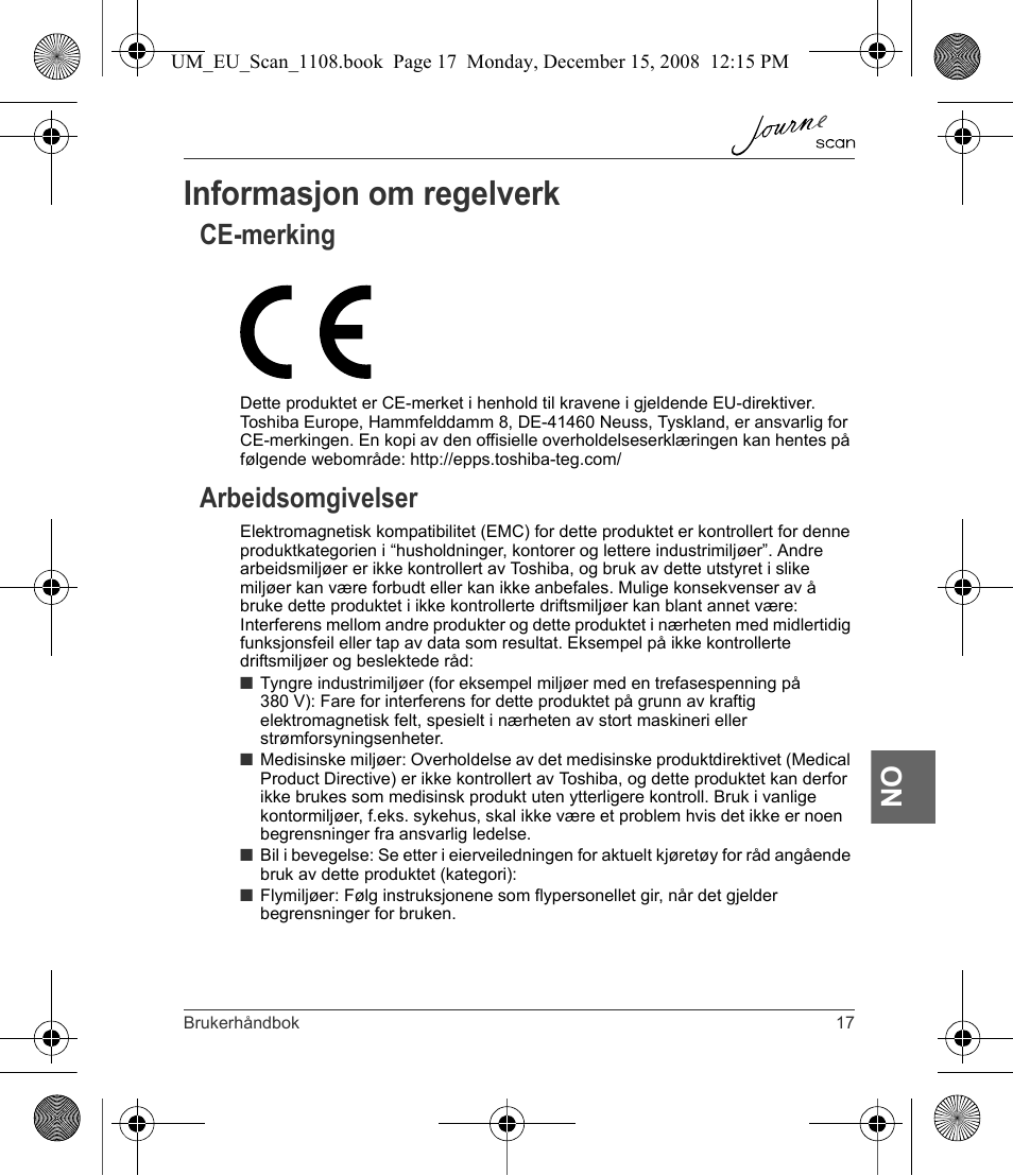 Informasjon om regelverk, Ce-merking arbeidsomgivelser, Ce-merking | Arbeidsomgivelser | Toshiba JournE Scan User Manual | Page 161 / 198