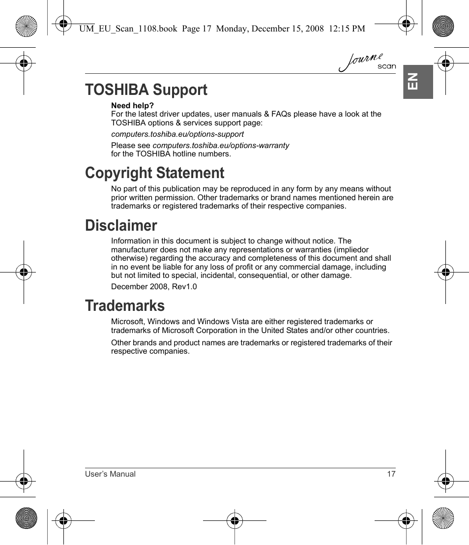 Toshiba support, Copyright statement, Disclaimer | Trademarks | Toshiba JournE Scan User Manual | Page 17 / 198