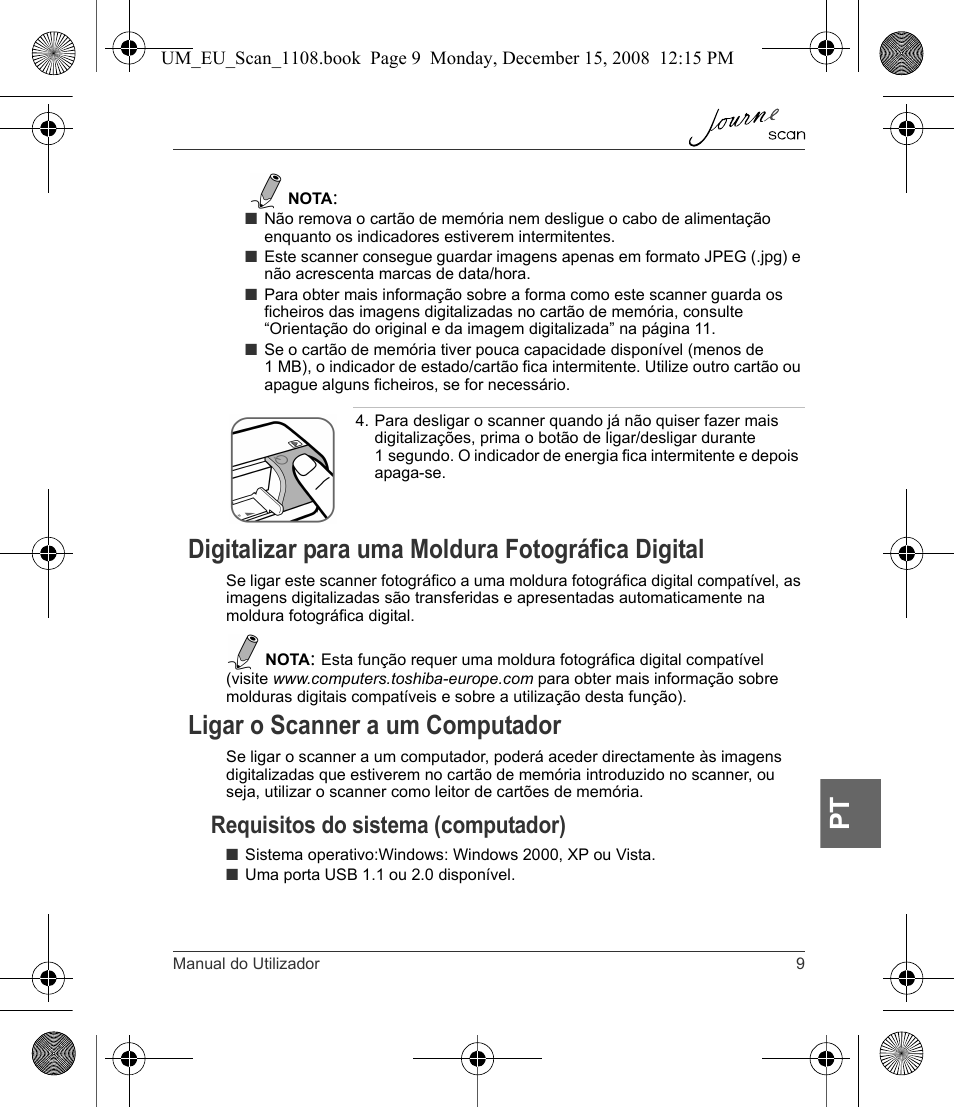 Digitalizar para uma moldura fotográfica digital, Ligar o scanner a um computador, Requisitos do sistema (computador) | Toshiba JournE Scan User Manual | Page 171 / 198