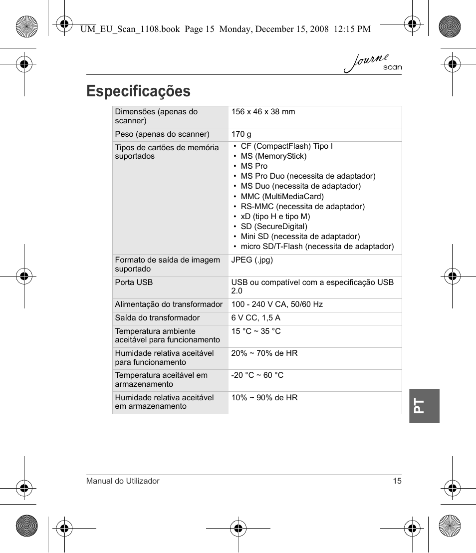 Especificações | Toshiba JournE Scan User Manual | Page 177 / 198