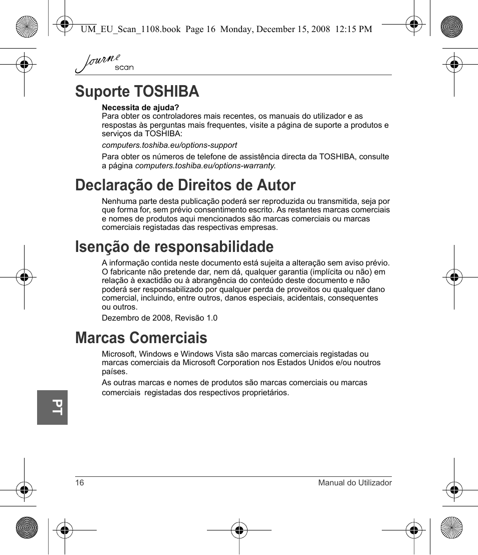 Suporte toshiba, Declaração de direitos de autor, Isenção de responsabilidade | Marcas comerciais | Toshiba JournE Scan User Manual | Page 178 / 198