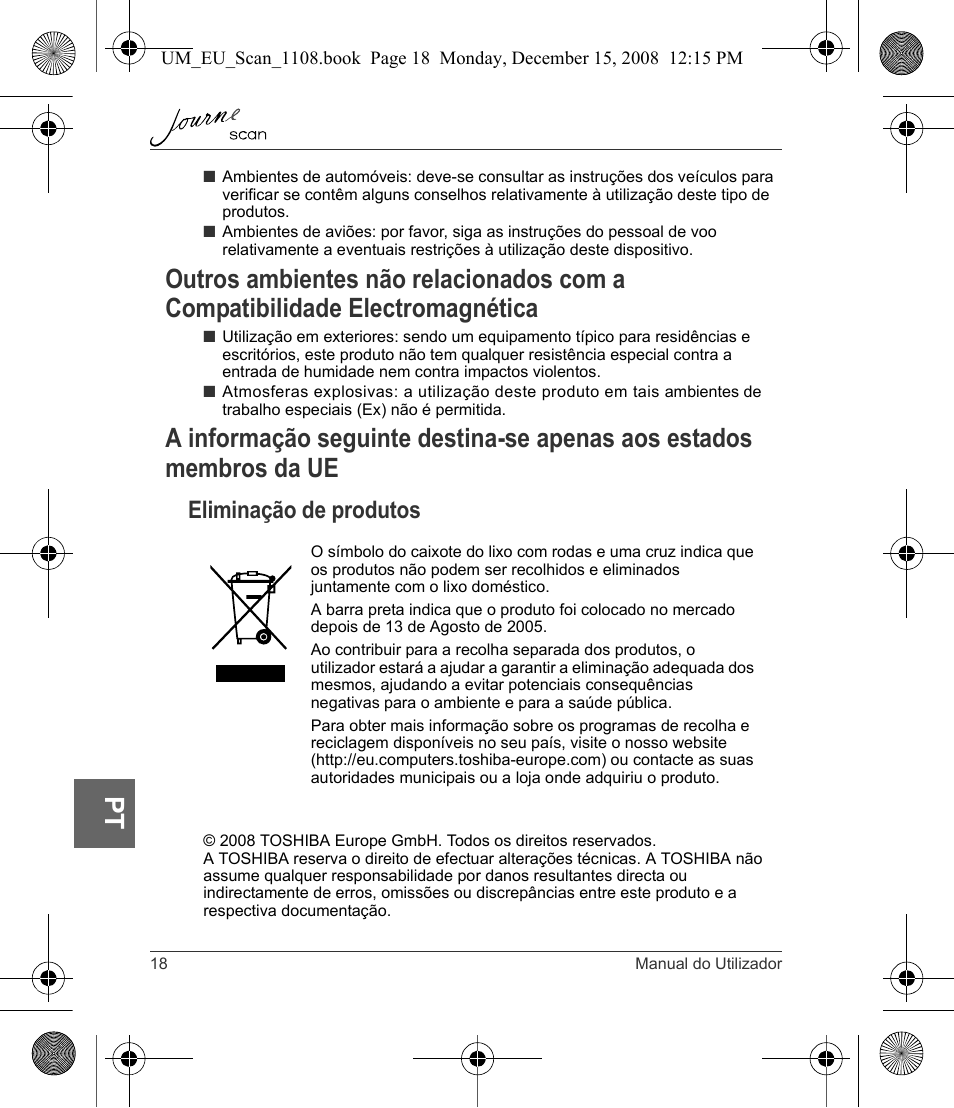 Outros ambientes não relacionados com a, Estados membros da ue, Eliminação de produtos | Toshiba JournE Scan User Manual | Page 180 / 198