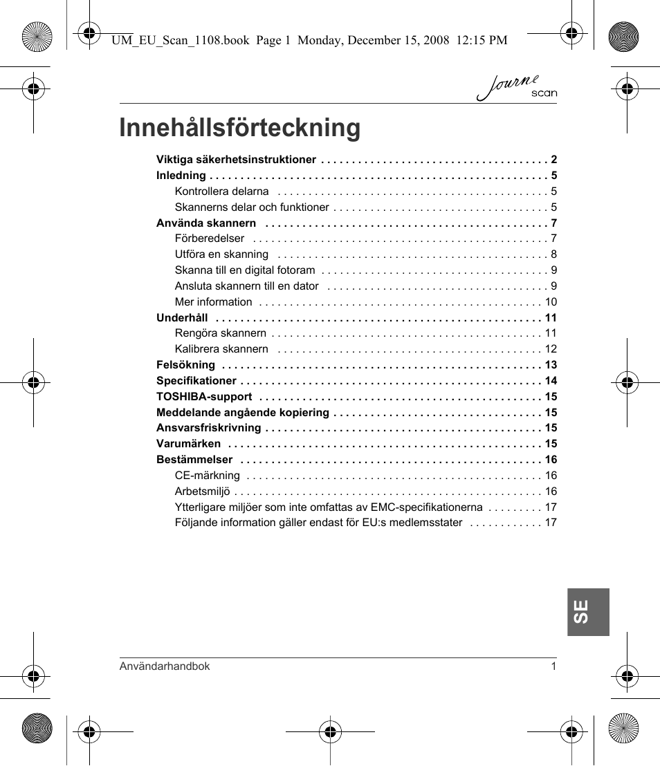 Innehållsförteckning | Toshiba JournE Scan User Manual | Page 181 / 198