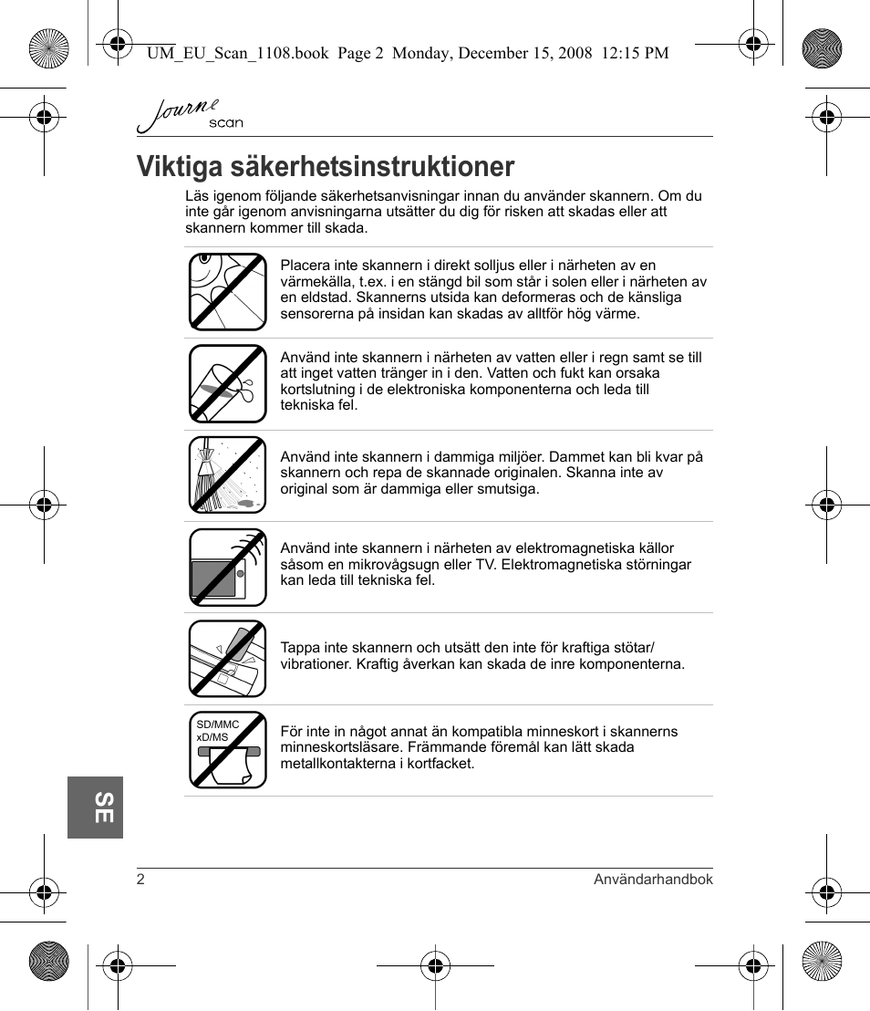 Viktiga säkerhetsinstruktioner | Toshiba JournE Scan User Manual | Page 182 / 198