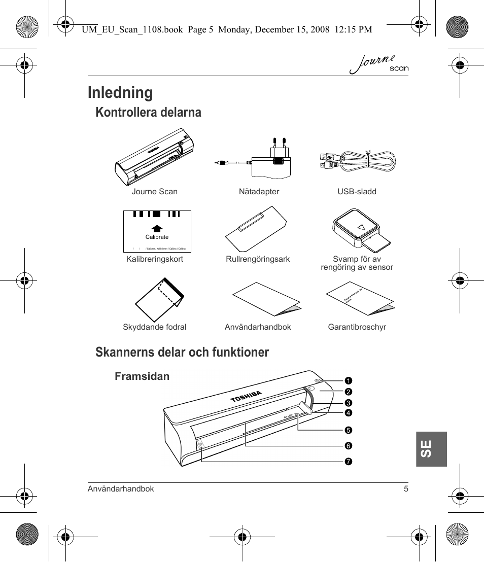 Inledning, Kontrollera delarna skannerns delar och funktioner | Toshiba JournE Scan User Manual | Page 185 / 198