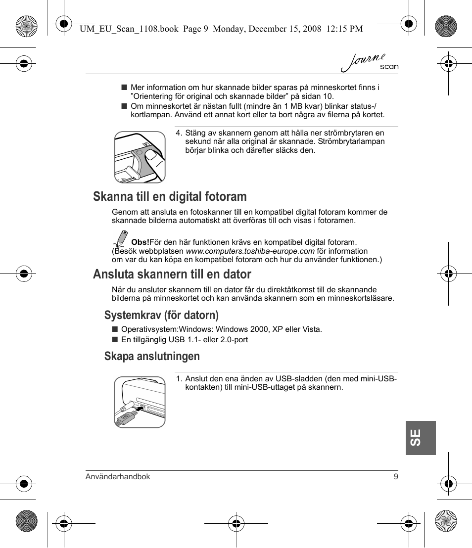 Skanna till en digital fotoram, Ansluta skannern till en dator, Systemkrav (för datorn) | Skapa anslutningen | Toshiba JournE Scan User Manual | Page 189 / 198
