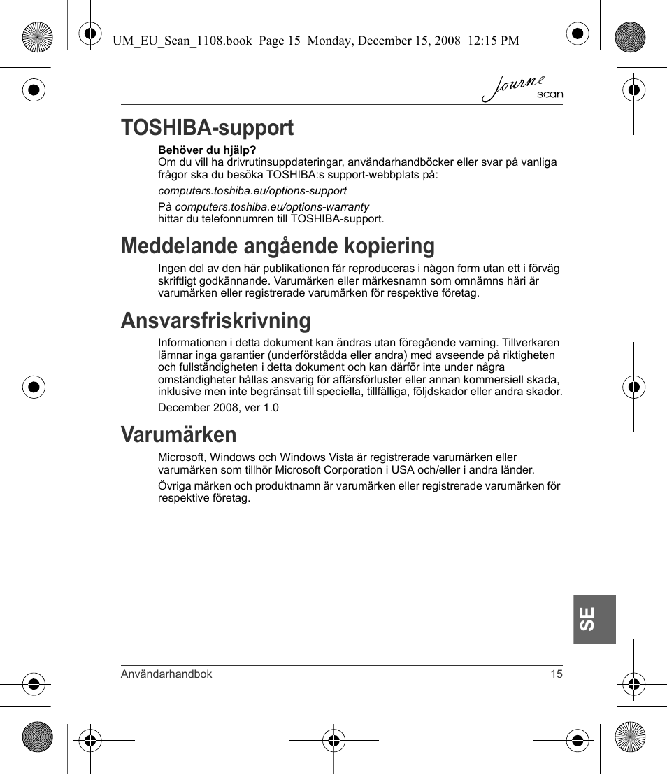 Toshiba-support, Meddelande angående kopiering, Ansvarsfriskrivning | Varumärken | Toshiba JournE Scan User Manual | Page 195 / 198