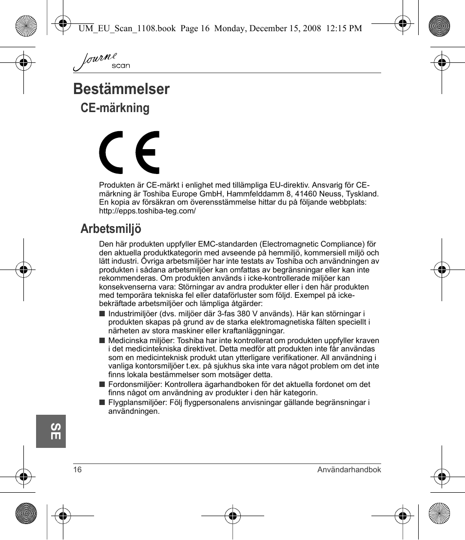 Bestämmelser, Ce-märkning arbetsmiljö, Ce-märkning | Arbetsmiljö | Toshiba JournE Scan User Manual | Page 196 / 198