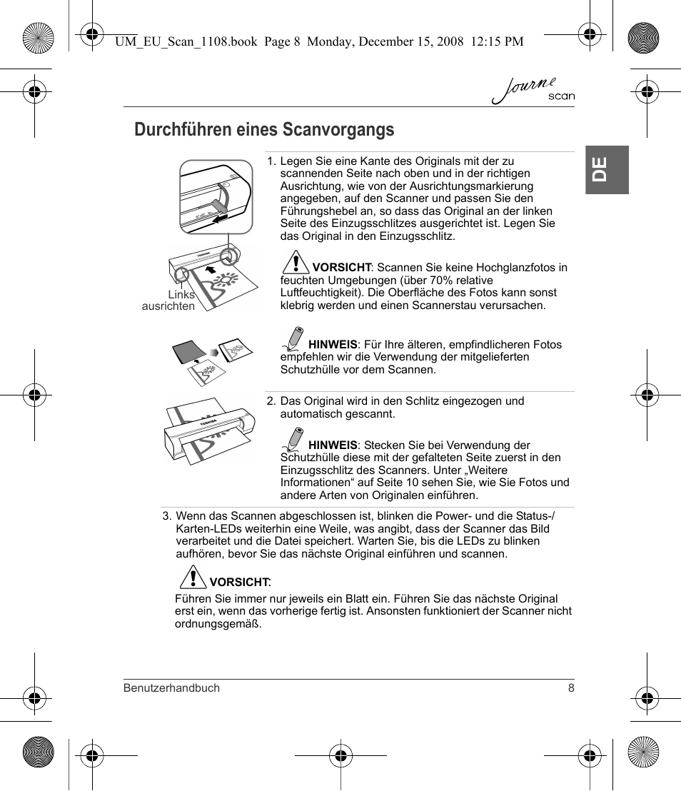 Durchführen eines scanvorgangs, De durchführen eines scanvorgangs | Toshiba JournE Scan User Manual | Page 27 / 198