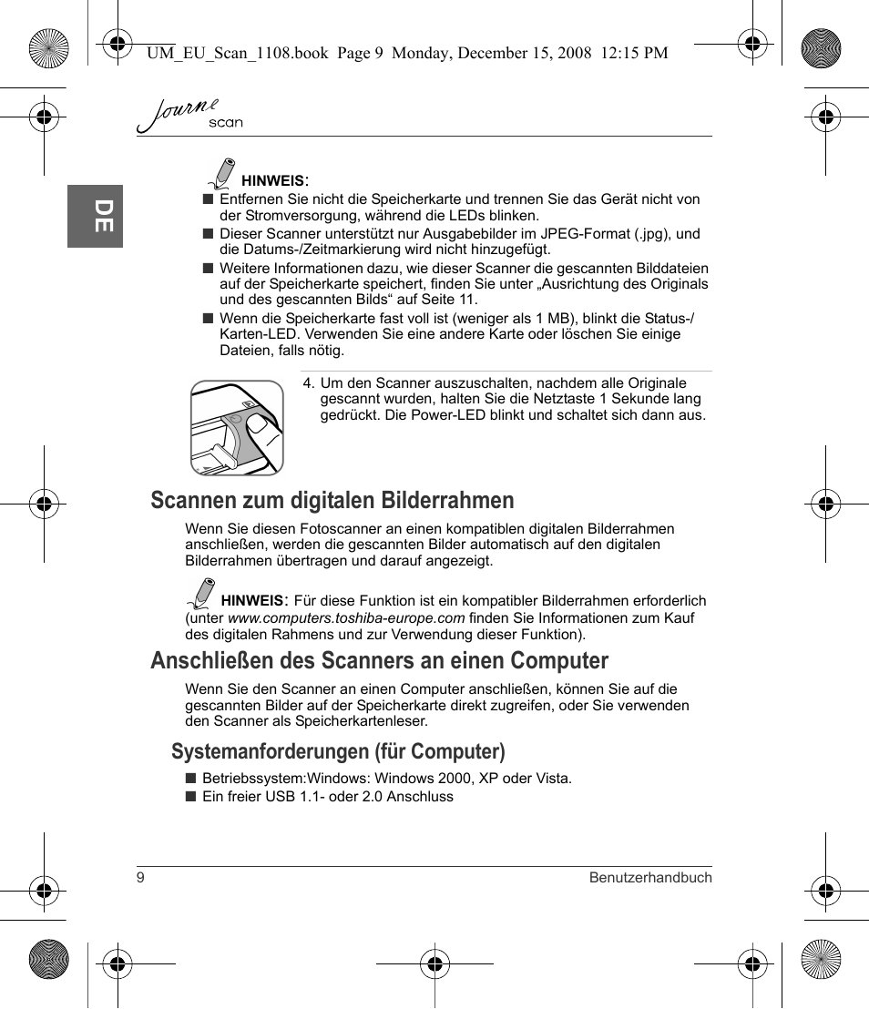 Scannen zum digitalen bilderrahmen, Anschließen des scanners an einen computer, Systemanforderungen (für computer) | Toshiba JournE Scan User Manual | Page 28 / 198