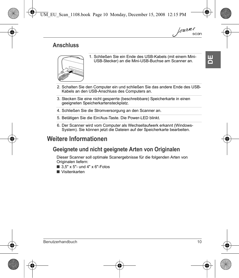 Weitere informationen, Anschluss, Geeignete und nicht geeignete arten von originalen | Toshiba JournE Scan User Manual | Page 29 / 198