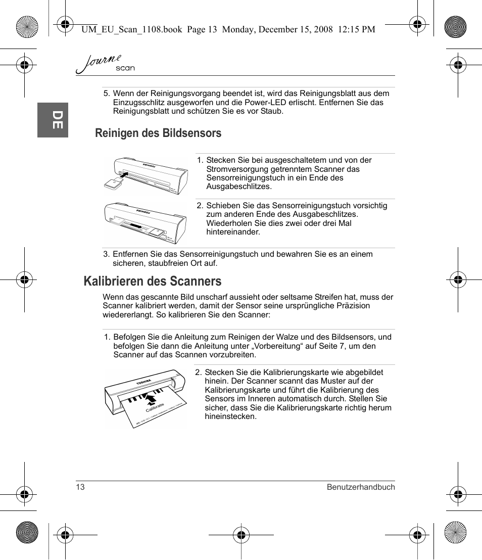 Kalibrieren des scanners, Reinigen des bildsensors | Toshiba JournE Scan User Manual | Page 32 / 198