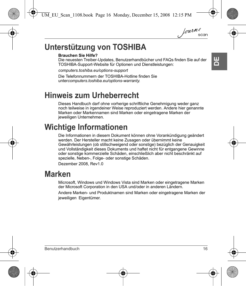 Unterstützung von toshiba, Hinweis zum urheberrecht, Wichtige informationen | Marken | Toshiba JournE Scan User Manual | Page 35 / 198