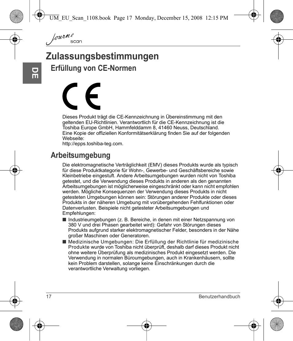 Zulassungsbestimmungen, Erfüllung von ce-normen arbeitsumgebung, Erfüllung von ce-normen | Arbeitsumgebung | Toshiba JournE Scan User Manual | Page 36 / 198