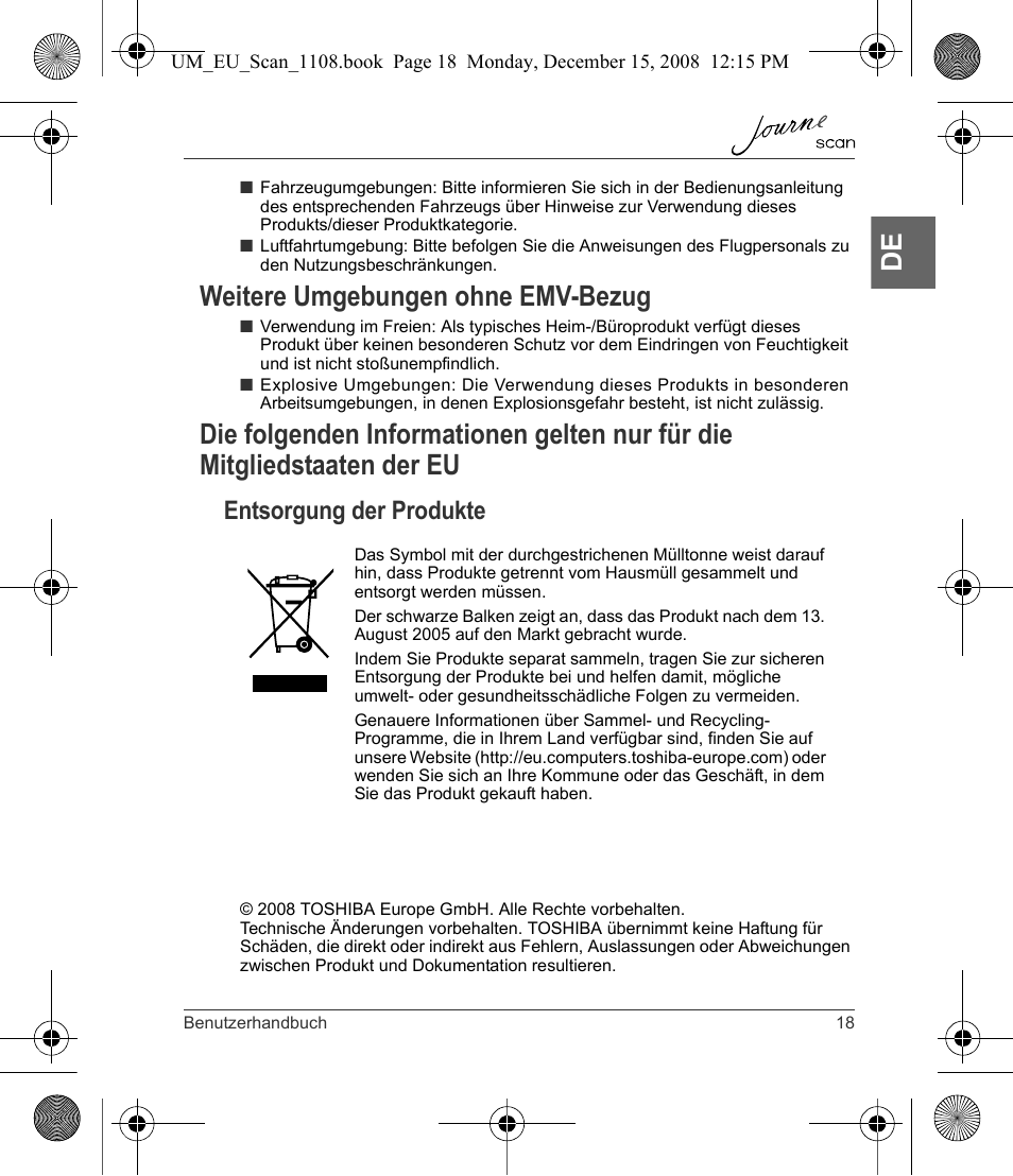 Weitere umgebungen ohne emv-bezug, Entsorgung der produkte | Toshiba JournE Scan User Manual | Page 37 / 198