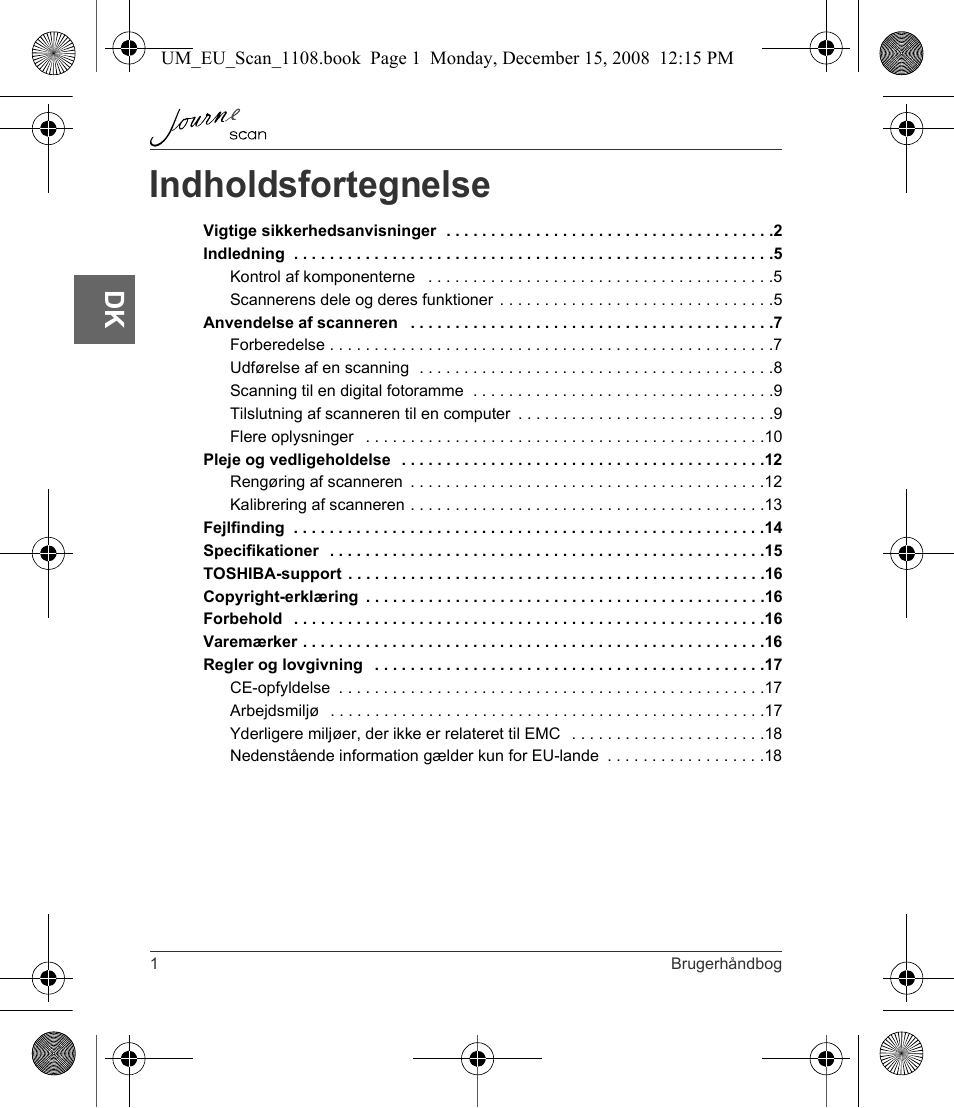 Indholdsfortegnelse | Toshiba JournE Scan User Manual | Page 38 / 198