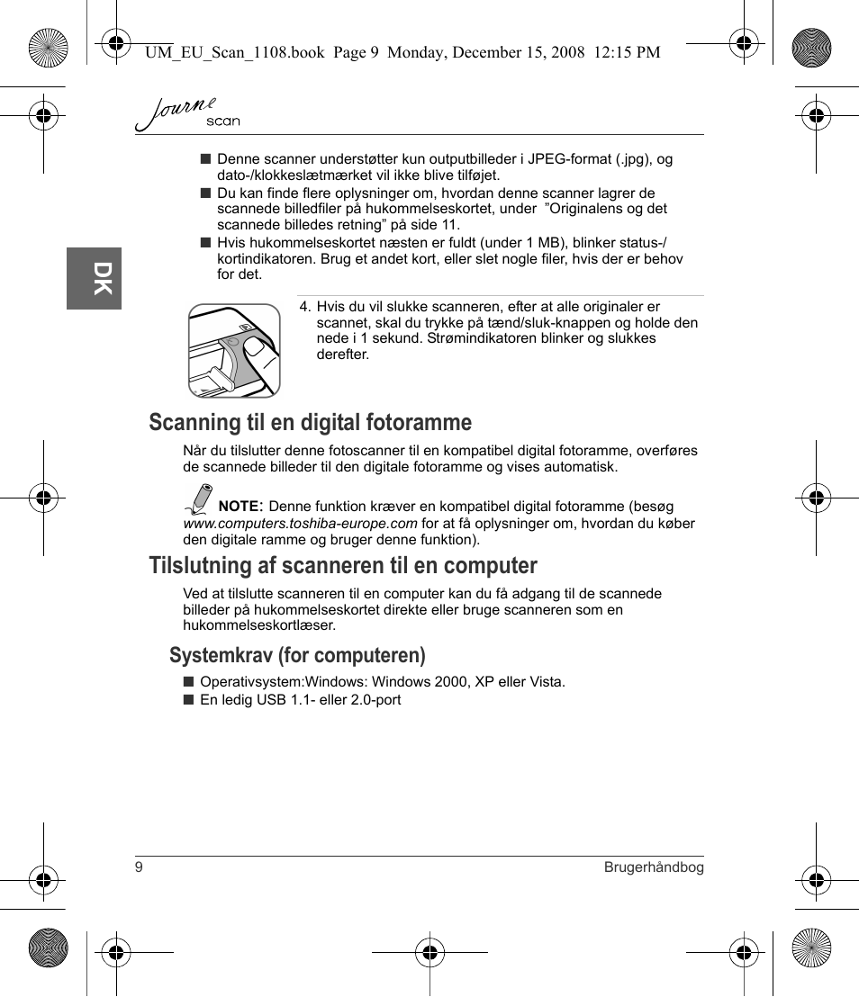 Scanning til en digital fotoramme, Tilslutning af scanneren til en computer, Systemkrav (for computeren) | Toshiba JournE Scan User Manual | Page 46 / 198