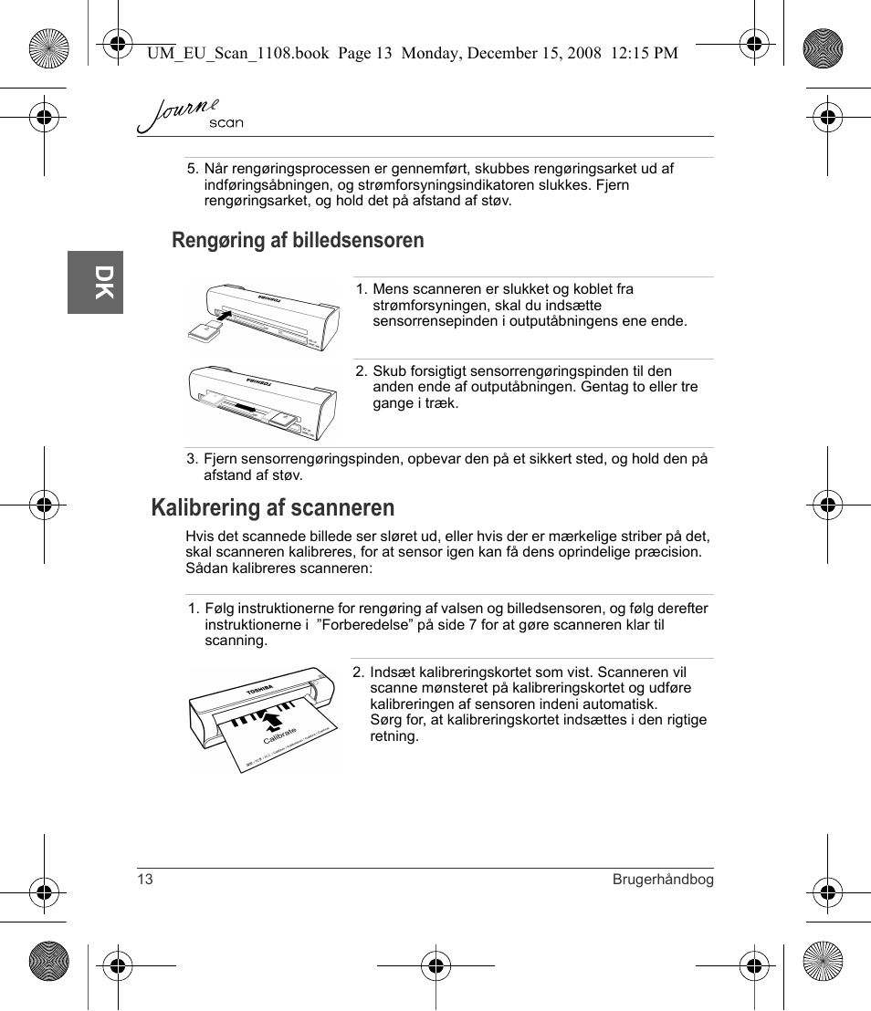Kalibrering af scanneren, Rengøring af billedsensoren | Toshiba JournE Scan User Manual | Page 50 / 198