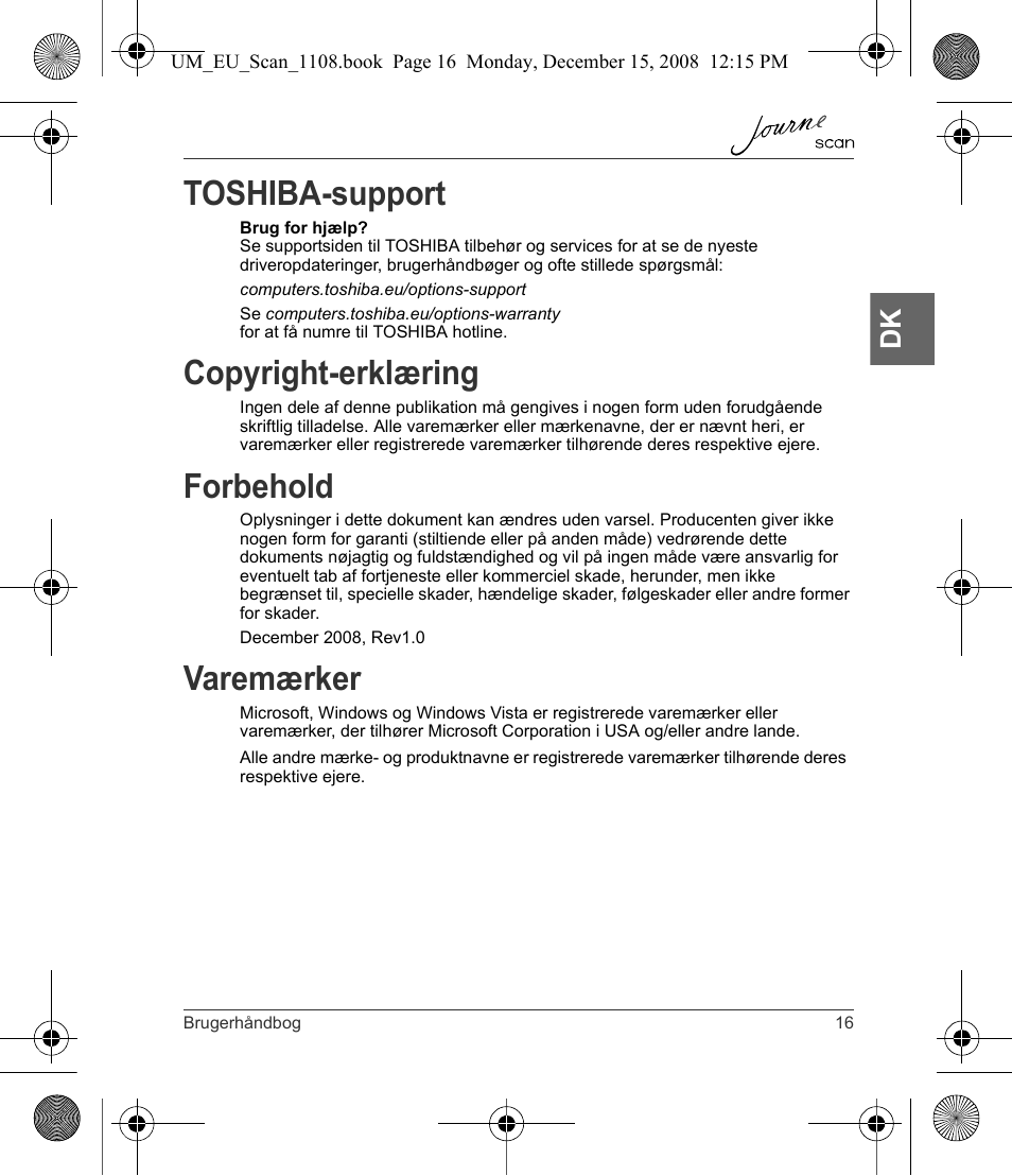 Toshiba-support, Copyright-erklæring, Forbehold | Varemærker | Toshiba JournE Scan User Manual | Page 53 / 198