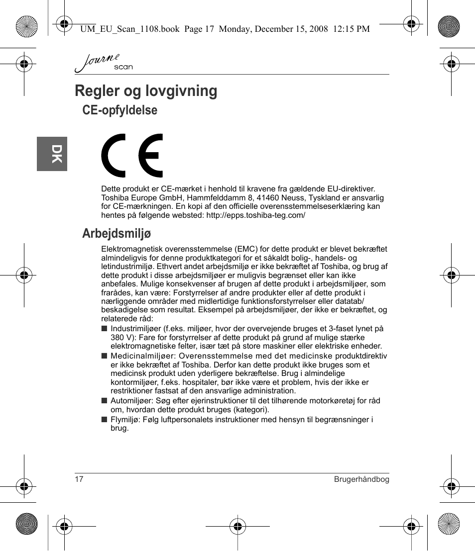 Regler og lovgivning, Ce-opfyldelse arbejdsmiljø, Ce-opfyldelse | Arbejdsmiljø | Toshiba JournE Scan User Manual | Page 54 / 198