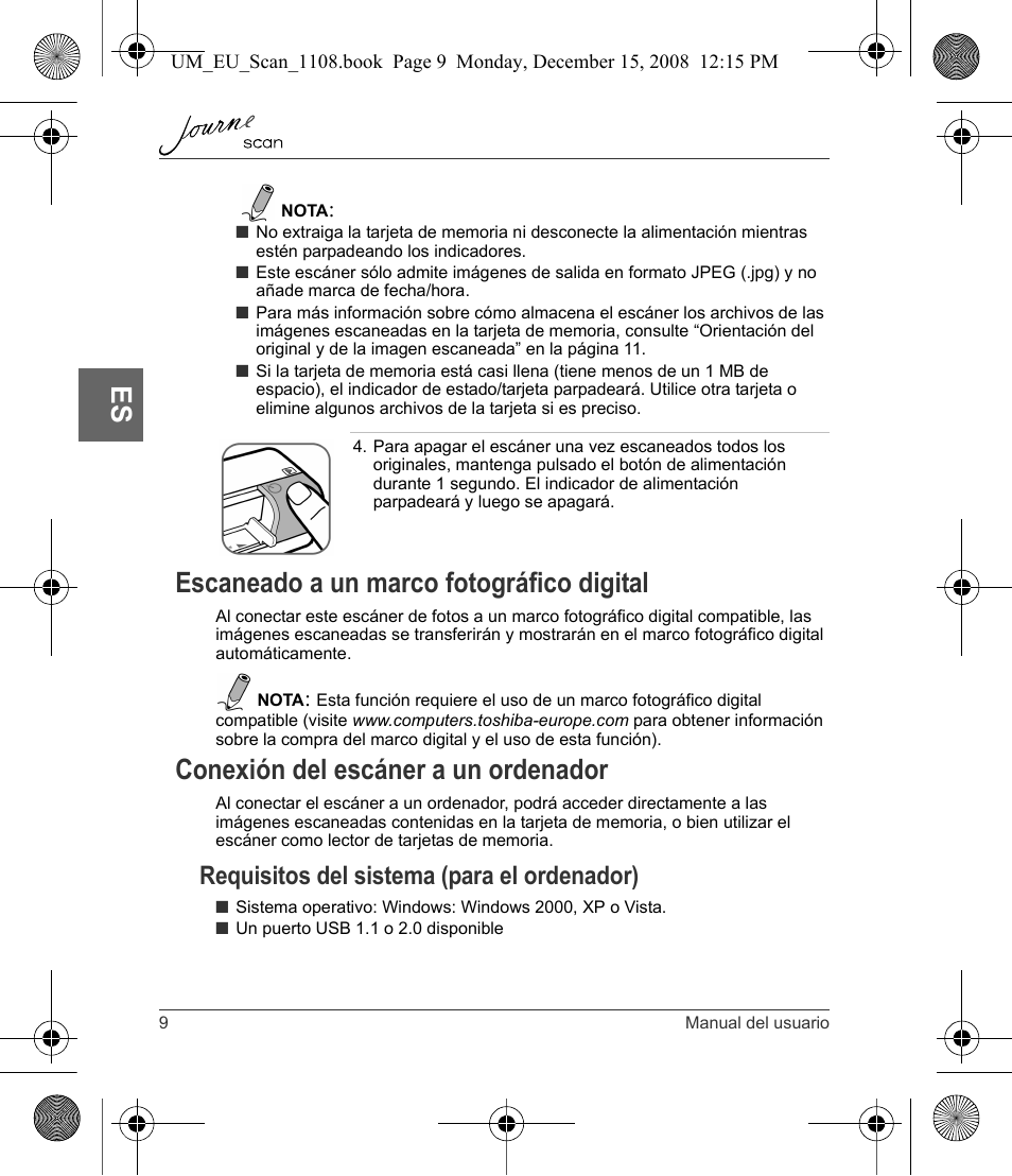 Escaneado a un marco fotográfico digital, Conexión del escáner a un ordenador, Requisitos del sistema (para el ordenador) | Toshiba JournE Scan User Manual | Page 64 / 198