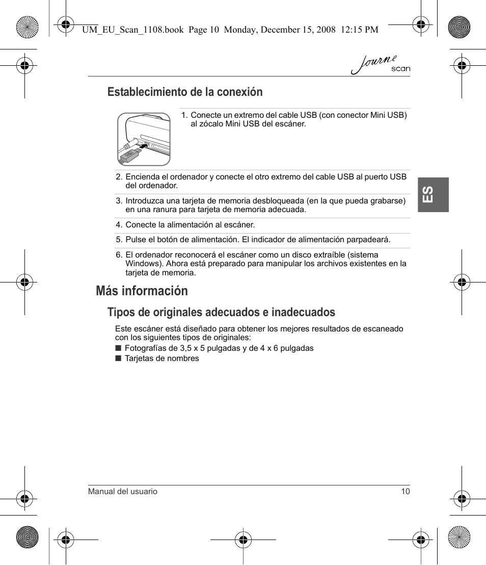 Más información, Establecimiento de la conexión, Tipos de originales adecuados e inadecuados | Toshiba JournE Scan User Manual | Page 65 / 198
