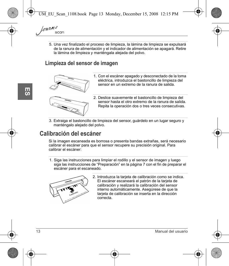 Calibración del escáner, Limpieza del sensor de imagen | Toshiba JournE Scan User Manual | Page 68 / 198