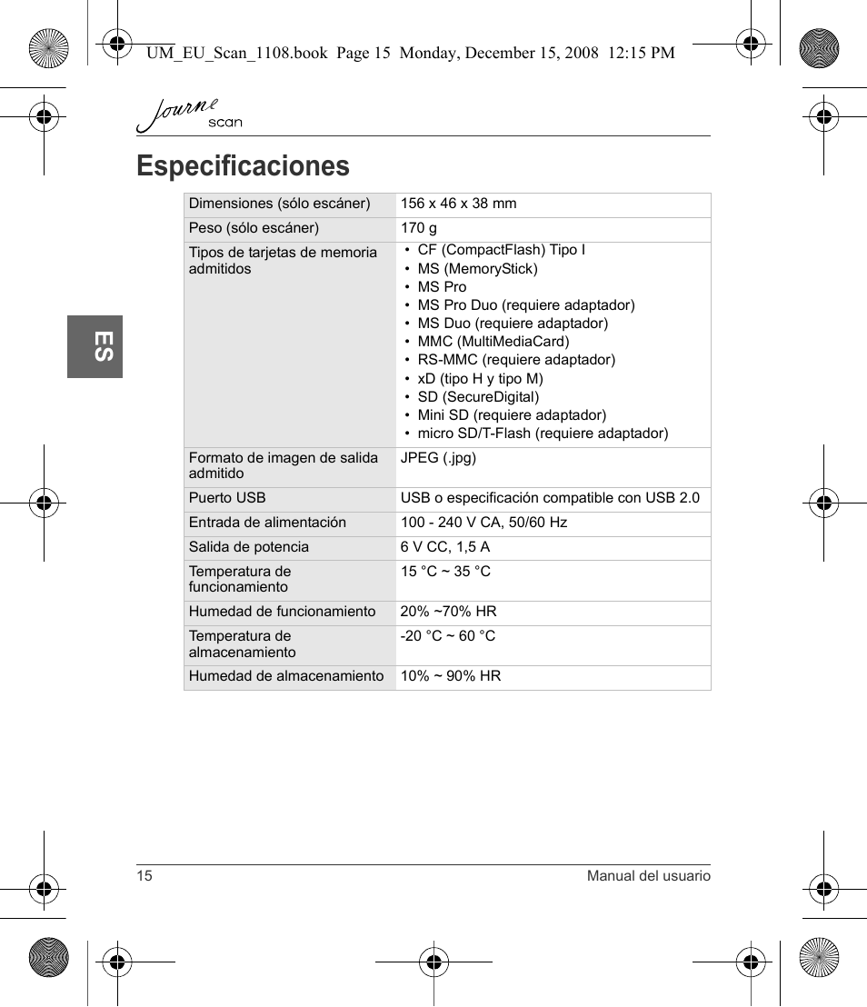 Especificaciones | Toshiba JournE Scan User Manual | Page 70 / 198