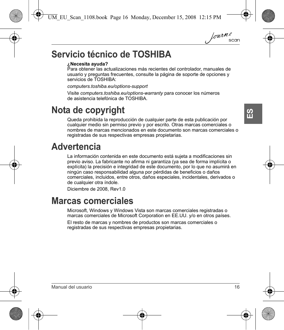 Servicio técnico de toshiba, Nota de copyright, Advertencia | Marcas comerciales | Toshiba JournE Scan User Manual | Page 71 / 198