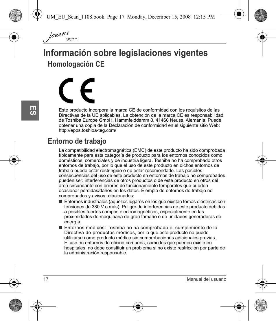Información sobre legislaciones vigentes, Homologación ce entorno de trabajo, Homologación ce | Entorno de trabajo | Toshiba JournE Scan User Manual | Page 72 / 198