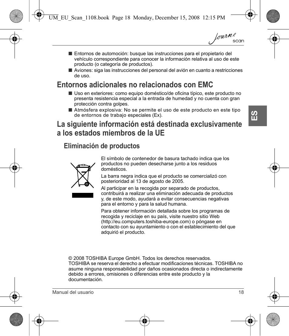 A los estados miembros de la ue, Entornos adicionales no relacionados con emc, Eliminación de productos | Toshiba JournE Scan User Manual | Page 73 / 198