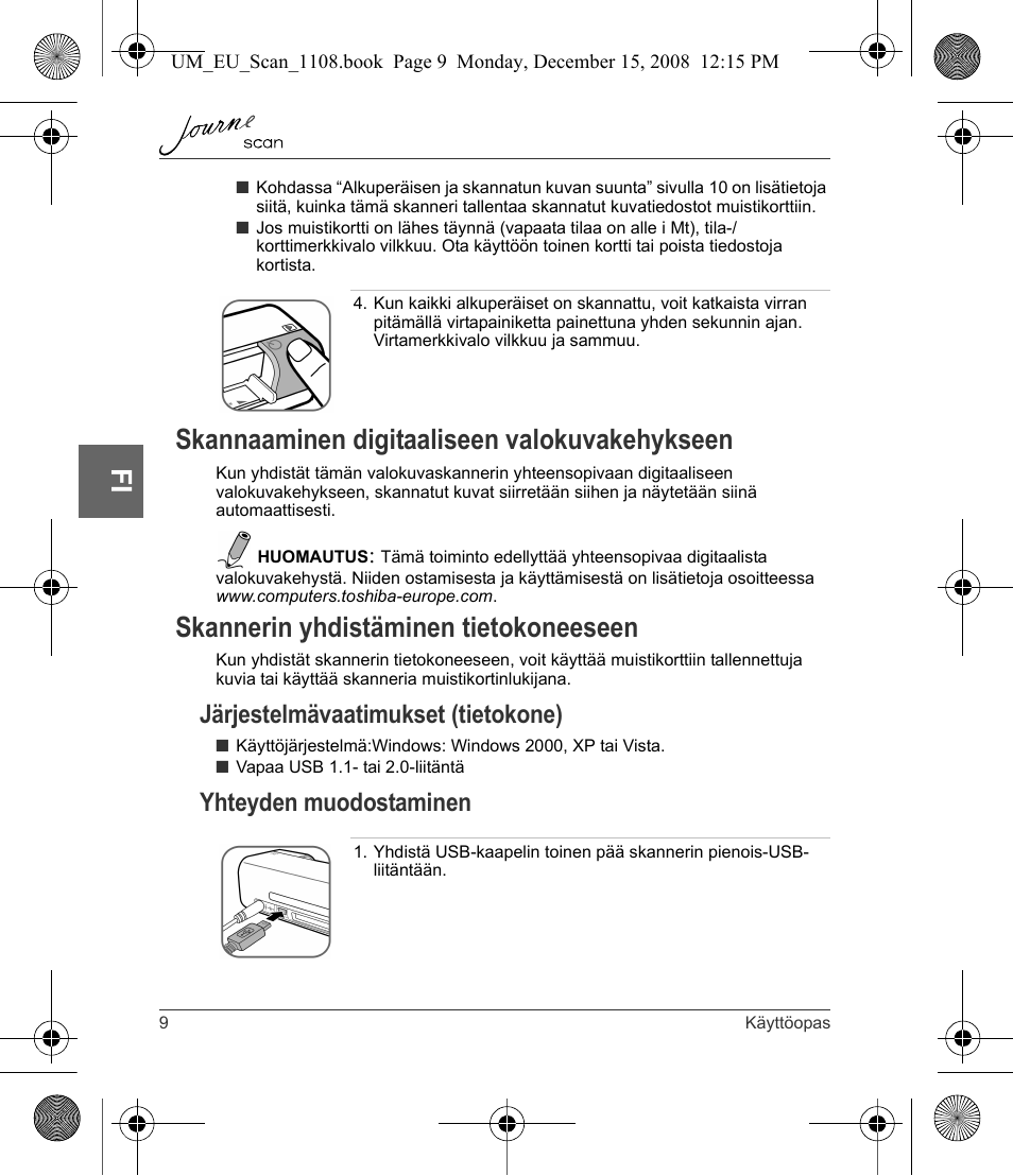 Skannaaminen digitaaliseen valokuvakehykseen, Skannerin yhdistäminen tietokoneeseen, Järjestelmävaatimukset (tietokone) | Yhteyden muodostaminen | Toshiba JournE Scan User Manual | Page 82 / 198