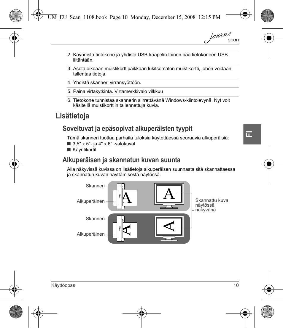 Lisätietoja, Fi lisätietoja, Soveltuvat ja epäsopivat alkuperäisten tyypit | Alkuperäisen ja skannatun kuvan suunta | Toshiba JournE Scan User Manual | Page 83 / 198