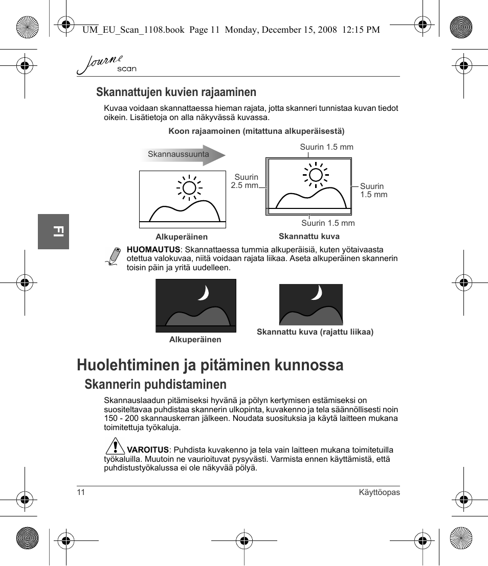 Huolehtiminen ja pitäminen kunnossa, Skannerin puhdistaminen, Skannattujen kuvien rajaaminen | Toshiba JournE Scan User Manual | Page 84 / 198