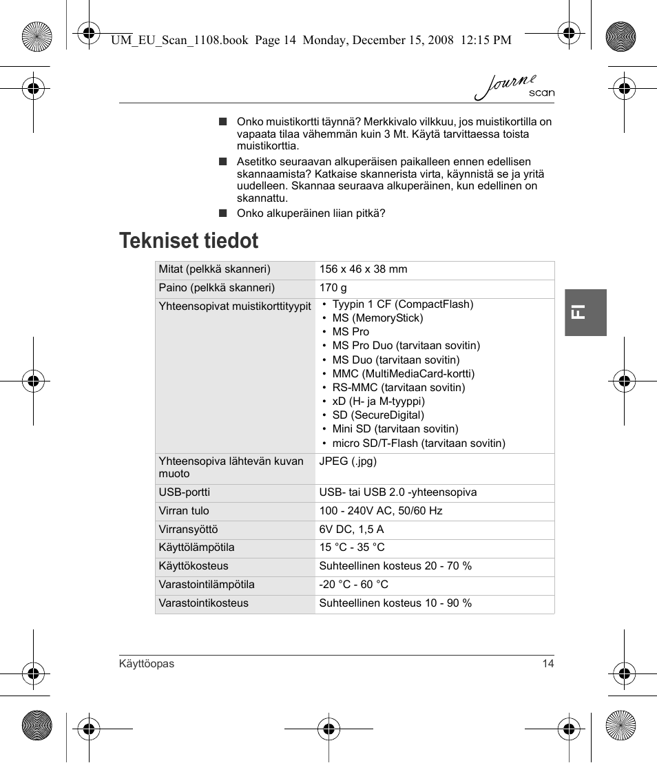 Tekniset tiedot | Toshiba JournE Scan User Manual | Page 87 / 198