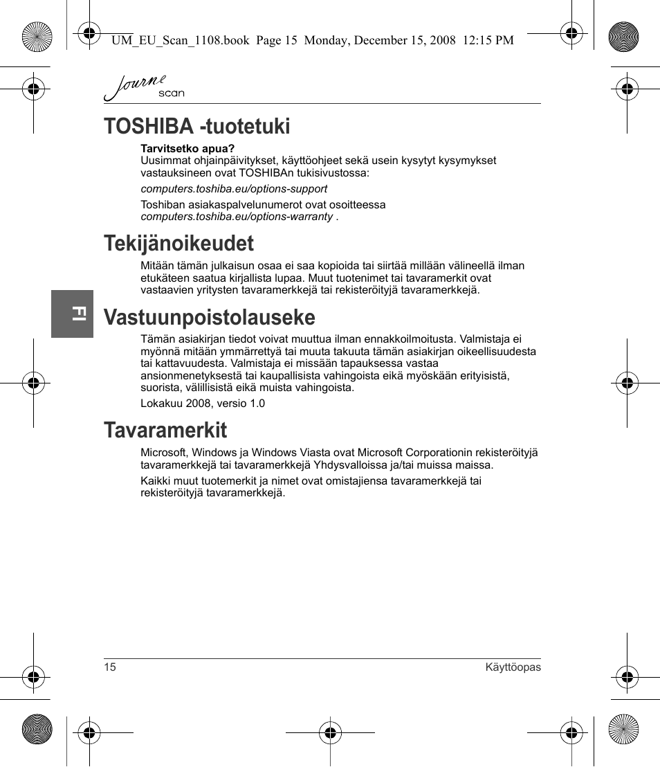 Toshiba -tuotetuki, Tekijänoikeudet, Vastuunpoistolauseke | Tavaramerkit | Toshiba JournE Scan User Manual | Page 88 / 198