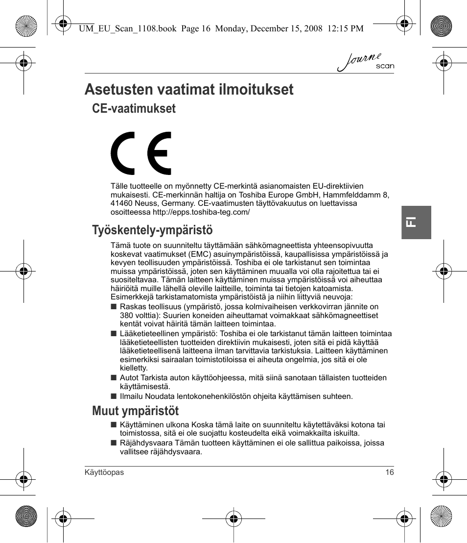 Asetusten vaatimat ilmoitukset, Ce-vaatimukset, Työskentely-ympäristö | Muut ympäristöt | Toshiba JournE Scan User Manual | Page 89 / 198