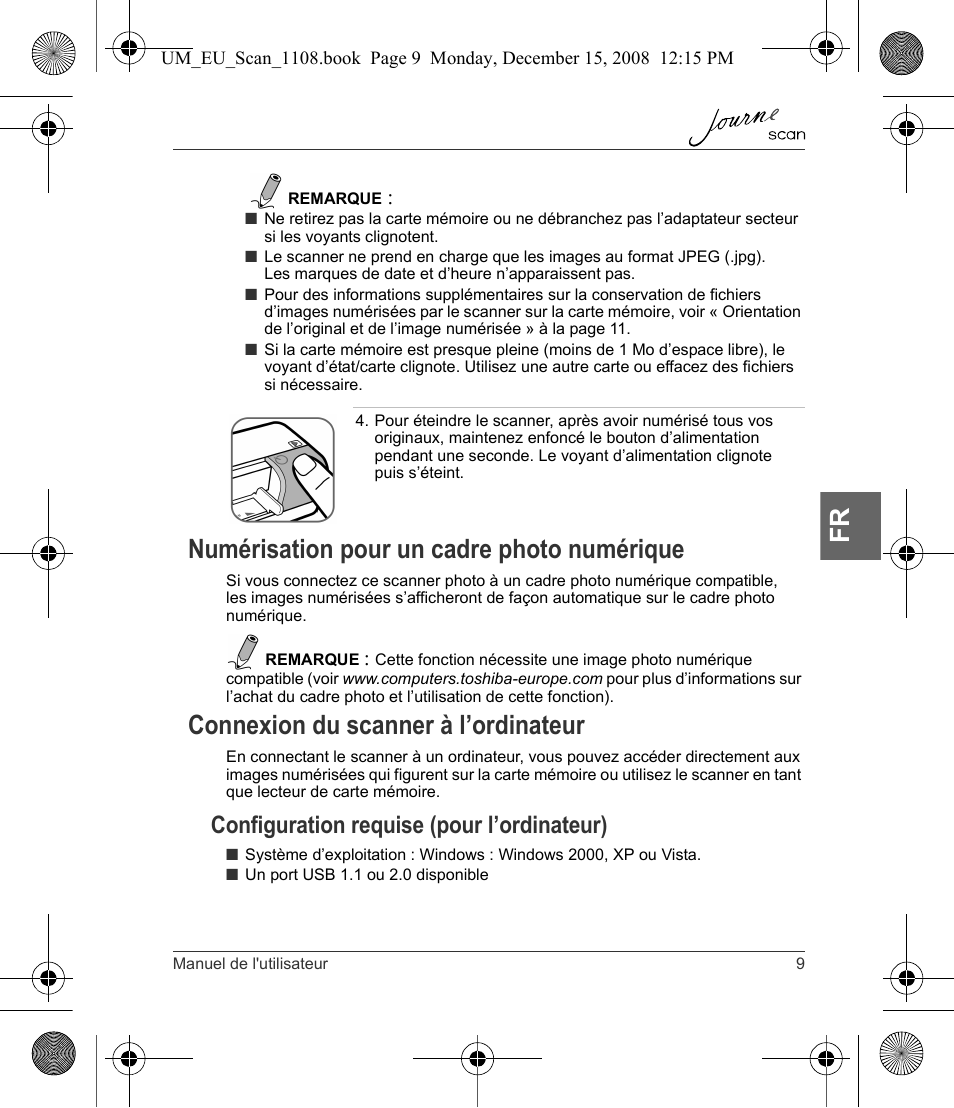 Numérisation pour un cadre photo numérique, Connexion du scanner à l’ordinateur, Configuration requise (pour l’ordinateur) | Toshiba JournE Scan User Manual | Page 99 / 198