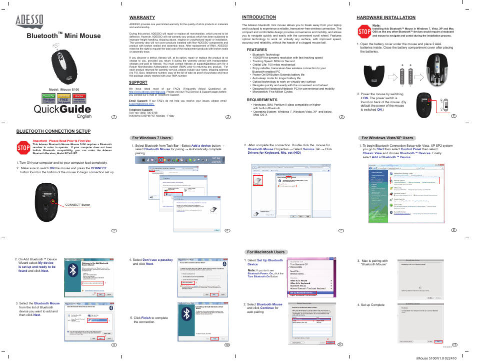 Adesso BLUETOOTH S100 User Manual | 1 page