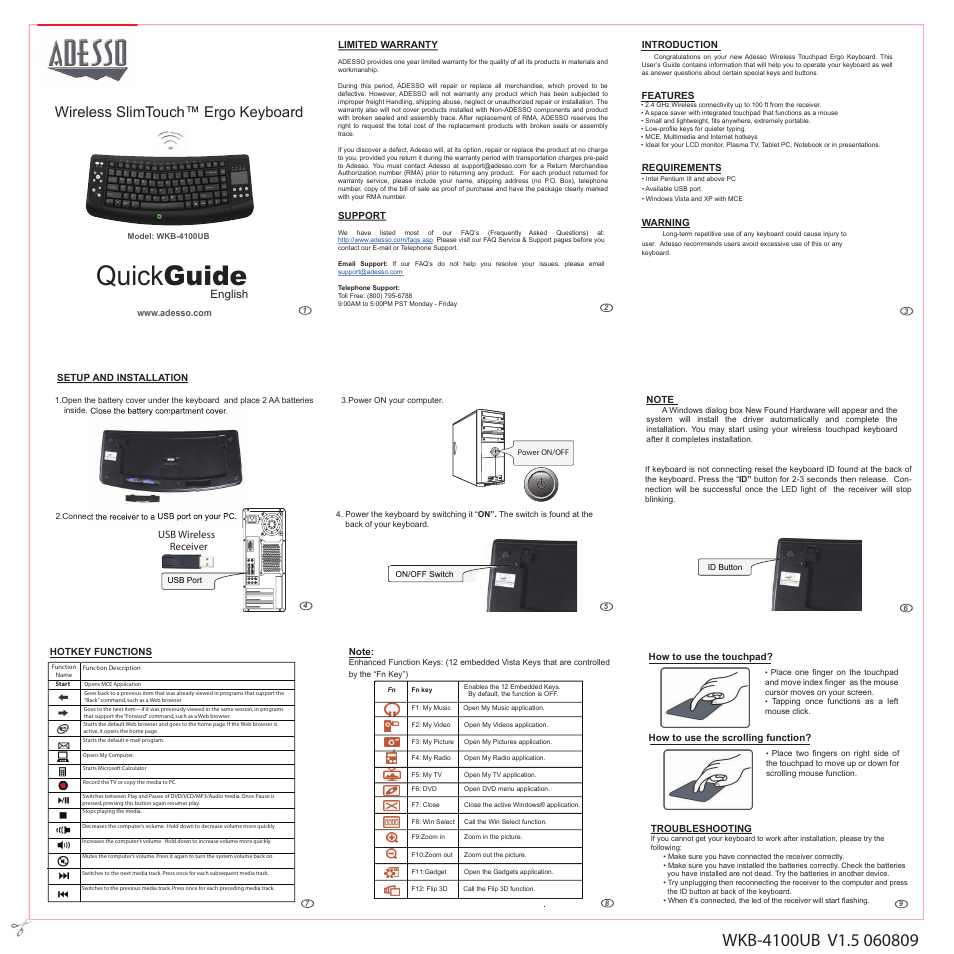 Adesso WKB-4100UB User Manual | 1 page