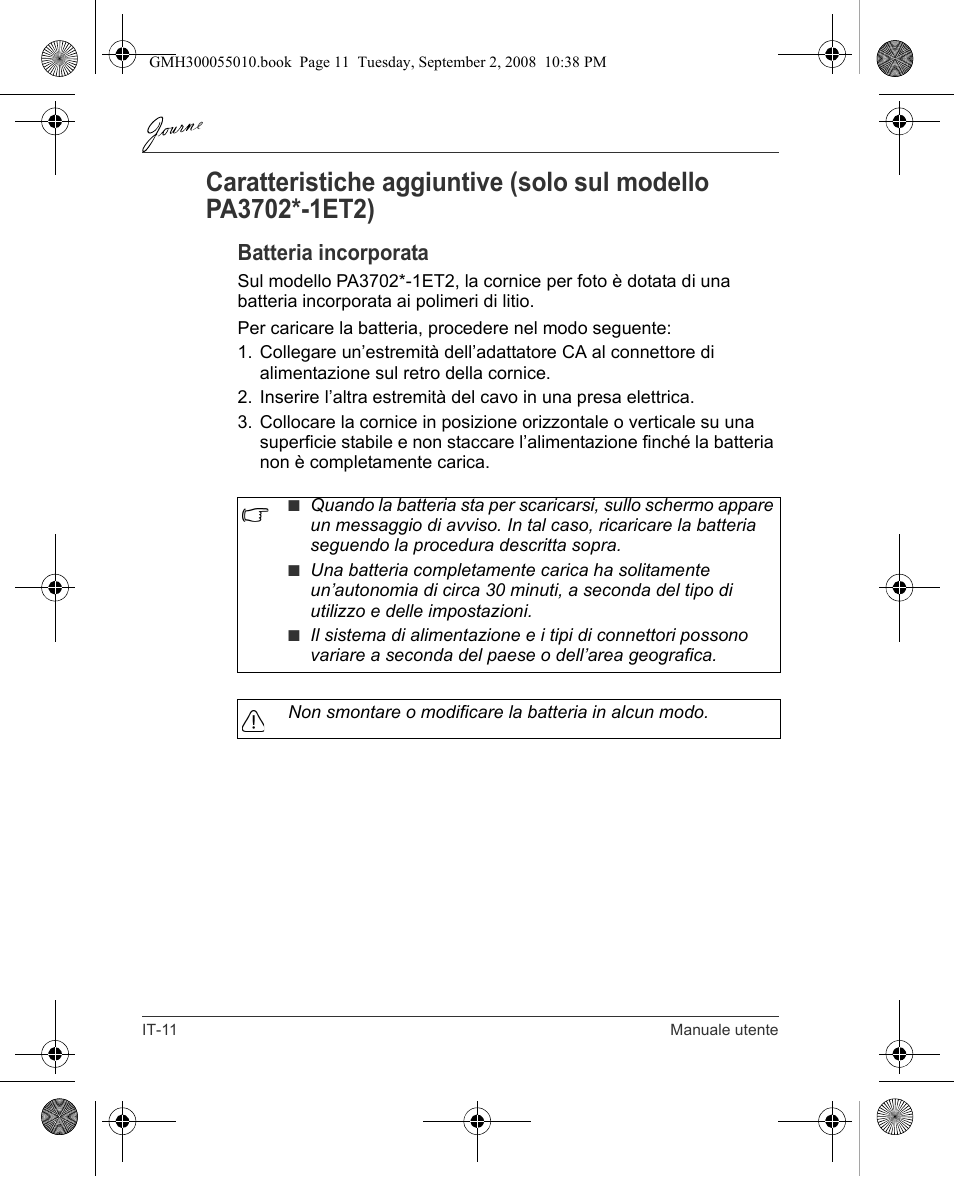 Batteria incorporata | Toshiba JournE F800-F801 User Manual | Page 108 / 178