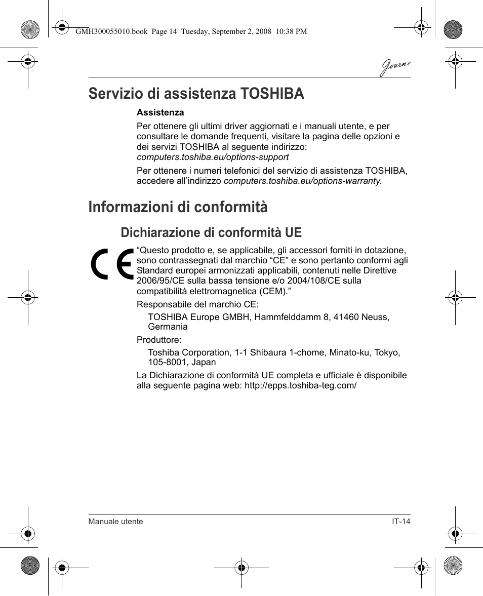 Servizio di assistenza toshiba, Informazioni di conformità, Dichiarazione di conformità ue | Toshiba JournE F800-F801 User Manual | Page 111 / 178