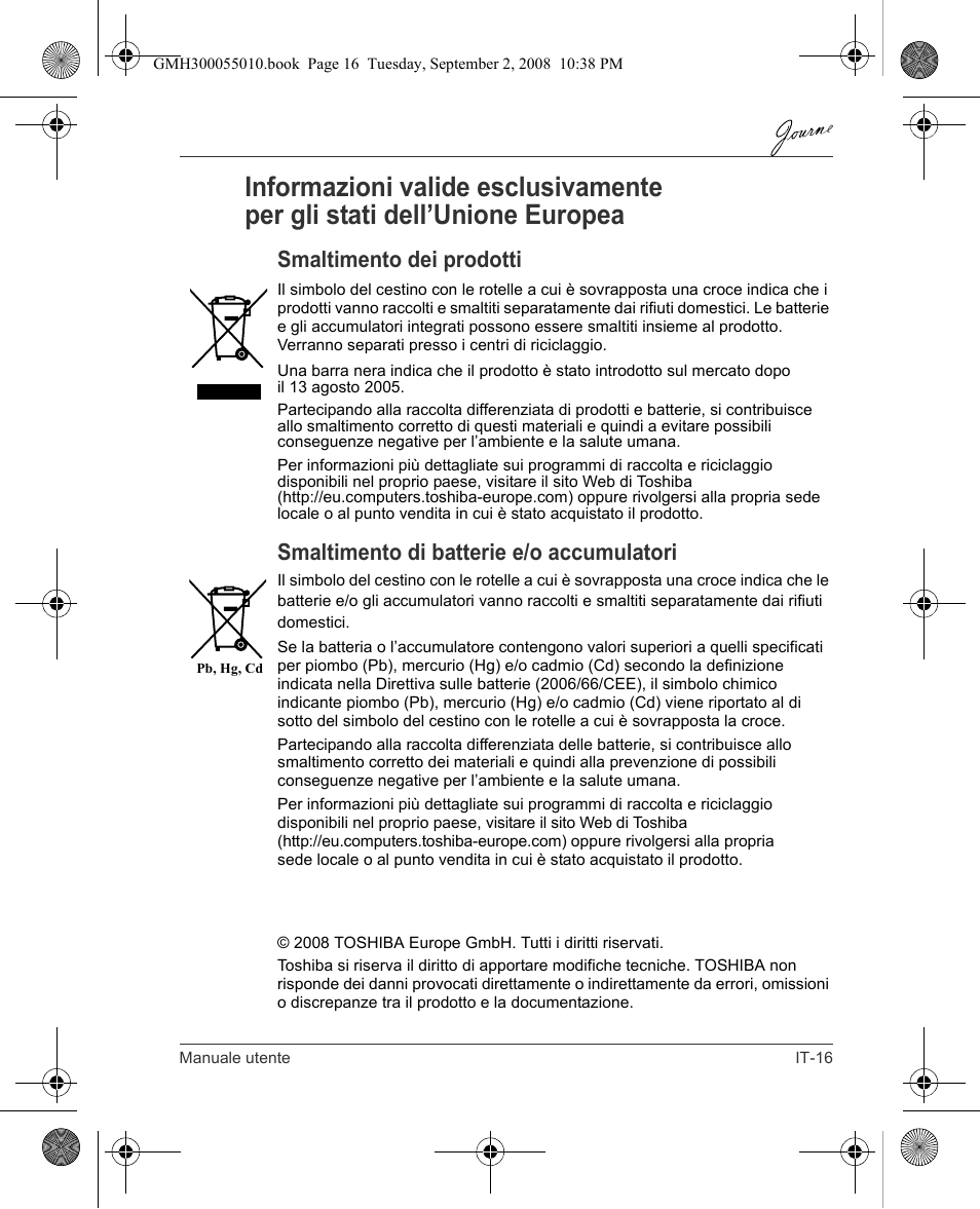 Smaltimento dei prodotti, Smaltimento di batterie e/o accumulatori | Toshiba JournE F800-F801 User Manual | Page 113 / 178