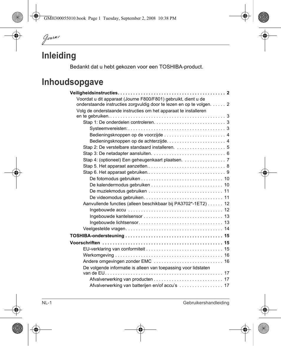 Inleiding, Inhoudsopgave | Toshiba JournE F800-F801 User Manual | Page 114 / 178