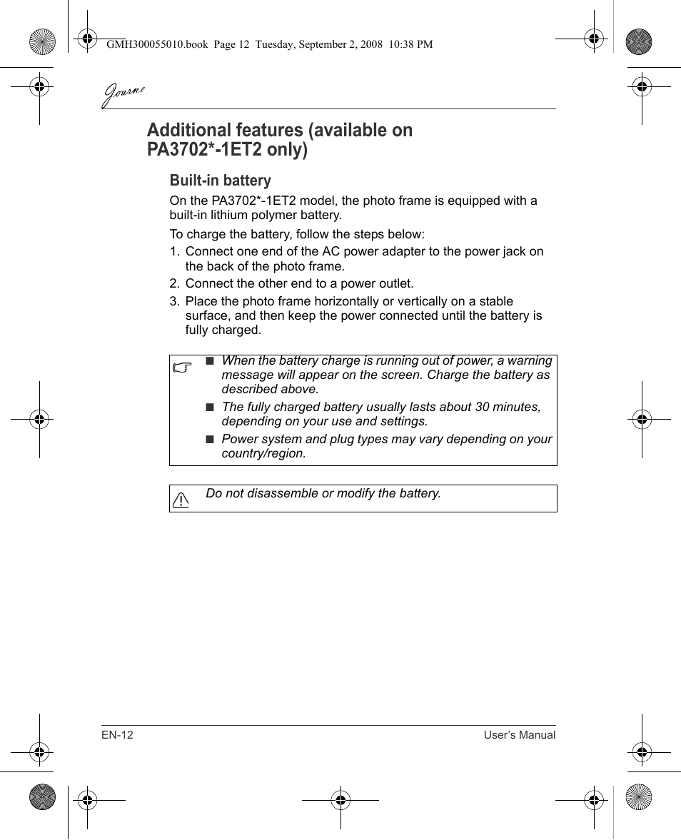 Built-in battery | Toshiba JournE F800-F801 User Manual | Page 12 / 178
