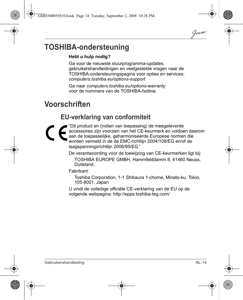 Toshiba-ondersteuning, Voorschriften, Eu-verklaring van conformiteit | Toshiba JournE F800-F801 User Manual | Page 127 / 178